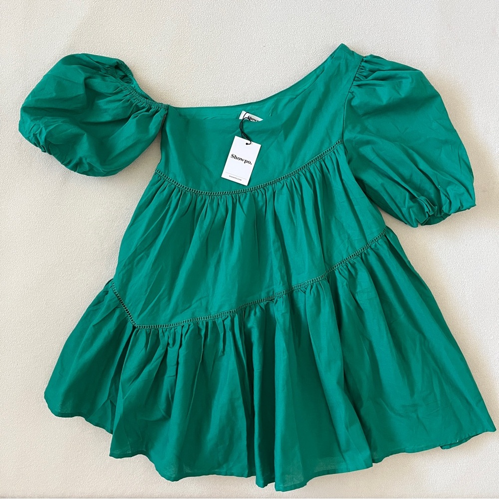 NEW ShowPo Harleen Asymmetrical Puff Sleeve Mini Dress Green Wedding Party Derby - Picture 10 of 11